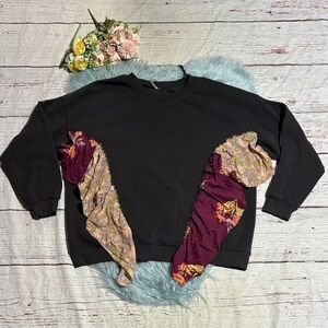 Free People Shes Just Cute Ruffle Patchwork Grey Sweatshirt sz XL